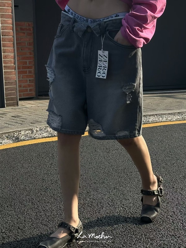 反摺牛仔割破五分褲